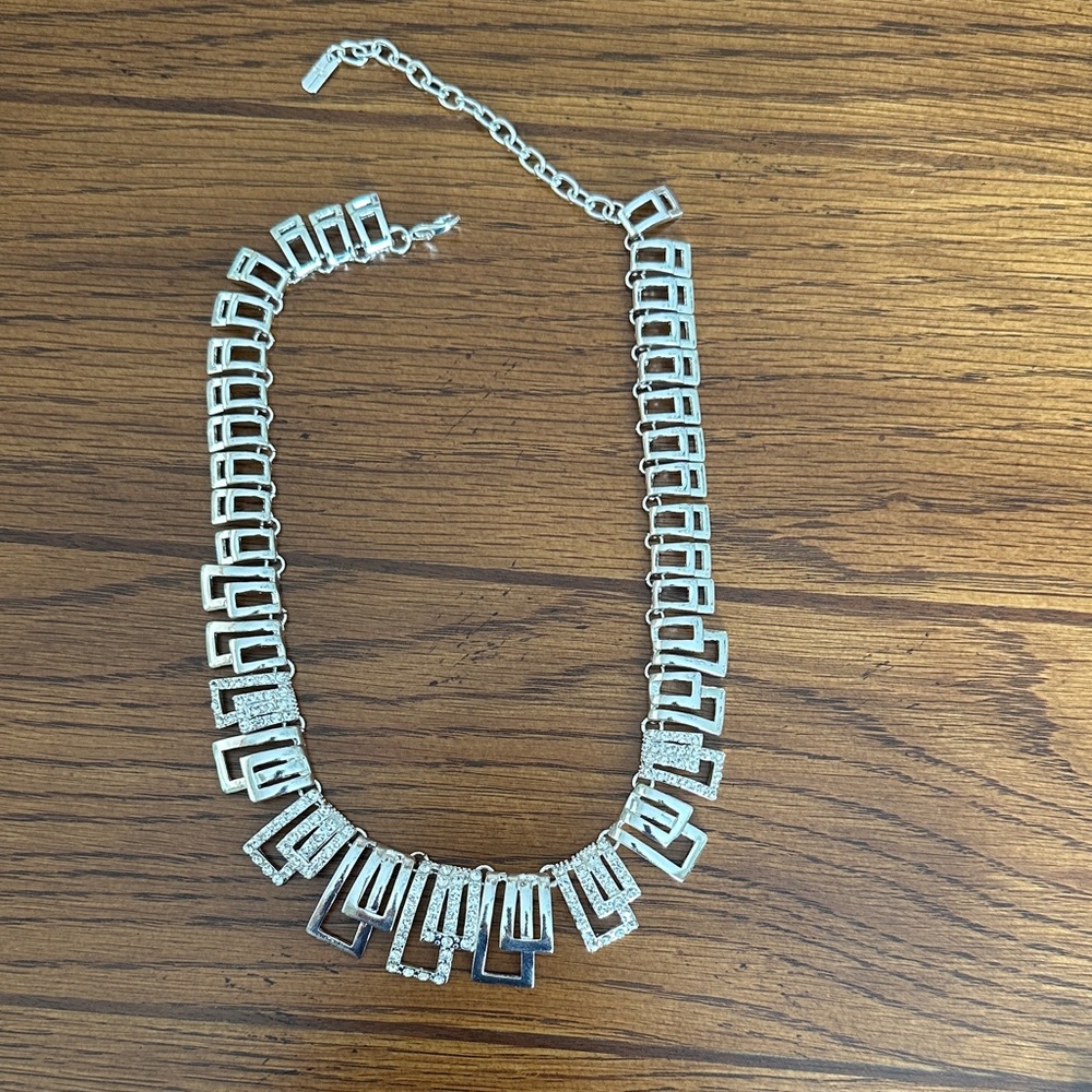 Unique Silvertone Geometric Statement Necklace 15” Adjustable Wedding Formal